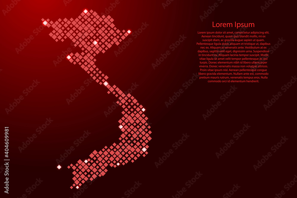 Vietnam map from red pattern rhombuses of different sizes and glowing space stars grid. Vector illustration.