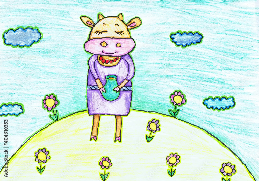 Obraz premium A cow with a covered milk stands in a flower meadow. Children's drawing