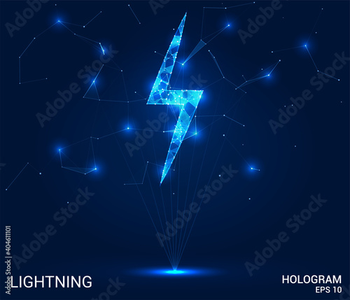 Hologram lightning. Lightning from polygons, triangles of points and lines. Lightning low poly connection structure. The technology concept.