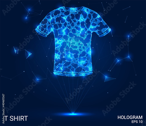 Hologram T-shirt. Men's T-shirt made of polygons, triangles of dots and lines. Clothing is a low poly compound structure. The technology concept.