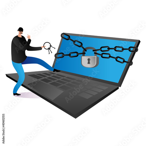 Criminal hacker steal personal data, hacking attack to laptop, cyber security modern technology flat vector illustration, isolated on white. Tiny character male hold bunch key, device computer.
