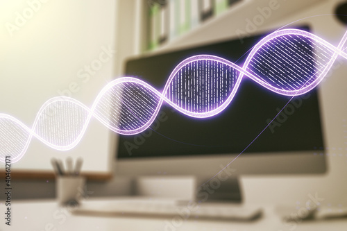 Creative light DNA illustration and modern desktop with pc on background, science and biology concept. Multiexposure