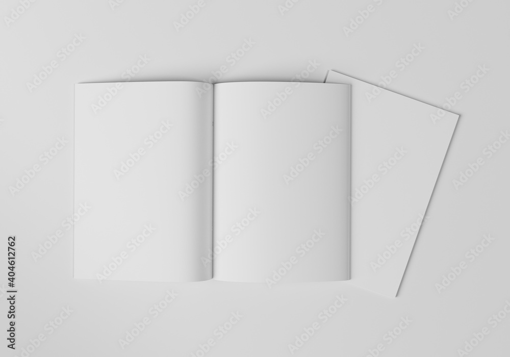 Blank magazine open in half with another magazine underneath showing the cover. On a white background. 3D illustration
Blank magazine open in half with another magazine underneath showing the cover. On a white background. 3D illustration