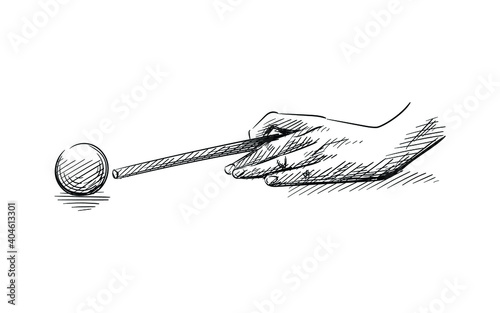 Hand drawn sketch of hand striking billliard ball on a white background. Billiards and Pool items. Billiards & Pool Table Accessories. Hand striking white billliard ball 