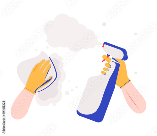 Surface cleaning in house. Cleaning with spray detergent. Spraying antibacterial sanitizing spray. Prevention coronavirus COVID-19. Napkin in the hands. Protective rubber gloves.