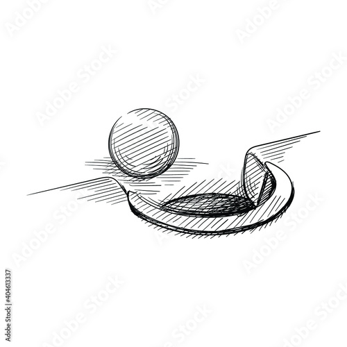 Hand drawn sketch of billiard ball at the edge of the hole on a white background. Billiards and Pool items. Billiards  Pool Table Accessories. White pool ball at the edge of the hole