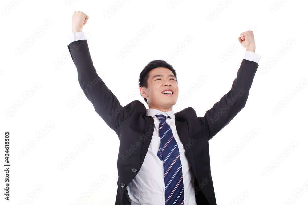 Businessman excited about his success in front of white background Businessman excited about his success in front of white background