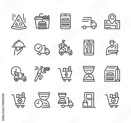 Online internet food delivery concept. Flat lined thin isolated icon set