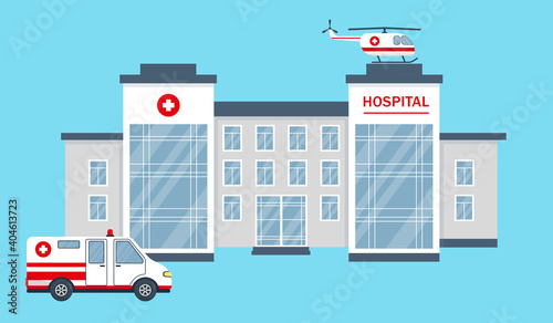 Fototapeta Naklejka Na Ścianę i Meble -  Hospital or clinic building, car and helicopter.