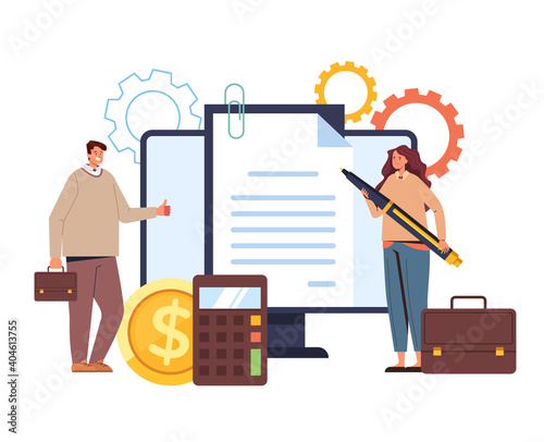 Two business people character subscribe contract. Online internet business deal concept. Vector flat graphic design illustration