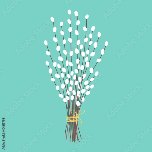 Easter bouquet of willow branches isolated on a blue background. Easter holiday symbol. Vector illustration in the style of hand drawn flat.