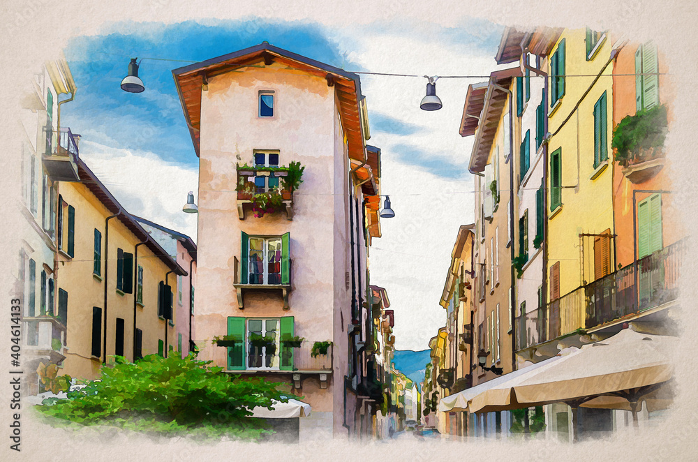 Watercolor drawing of Traditional colorful building with balconies, shutter windows and multicolored walls in typical italian street, Brescia city