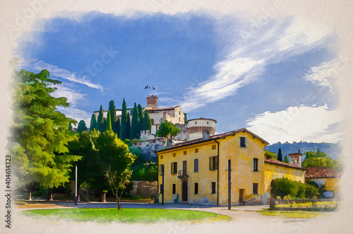 Watercolor drawing of Castle of Brescia medieval building or Castello di Brescia or Falcon of Italy on Cidneo Hill with green park in historical city photo