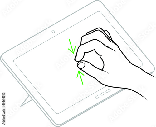 Line drawing of a human male hand demonstrating a two-finger pinch zoom-iout gesture on a tablet.