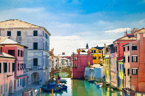 Watercolor drawing of Chioggia cityscape with narrow water canal Vena with moored multicolored boats between old colorful buildings
