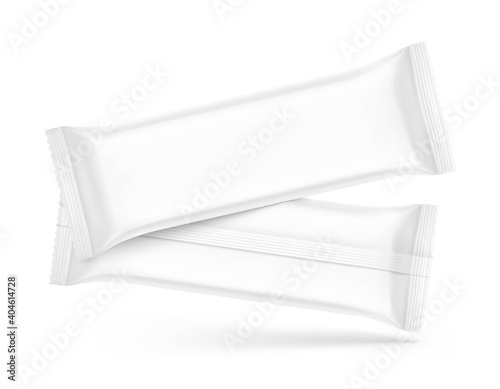 Set realistic flow packaging mockup. Vector illustration isolated on white background. Can be use for your design, promo, adv and etc. Possibility for food, pharmaceutical, cosmetic. EPS10.	