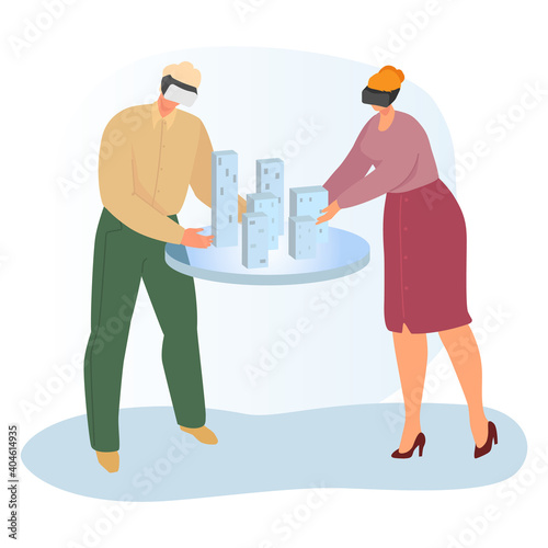 Modern technology virtual reality engineering modeling city, designer together planning building cartoon vector illustration, isolated on white. Character male female professional urban developer.