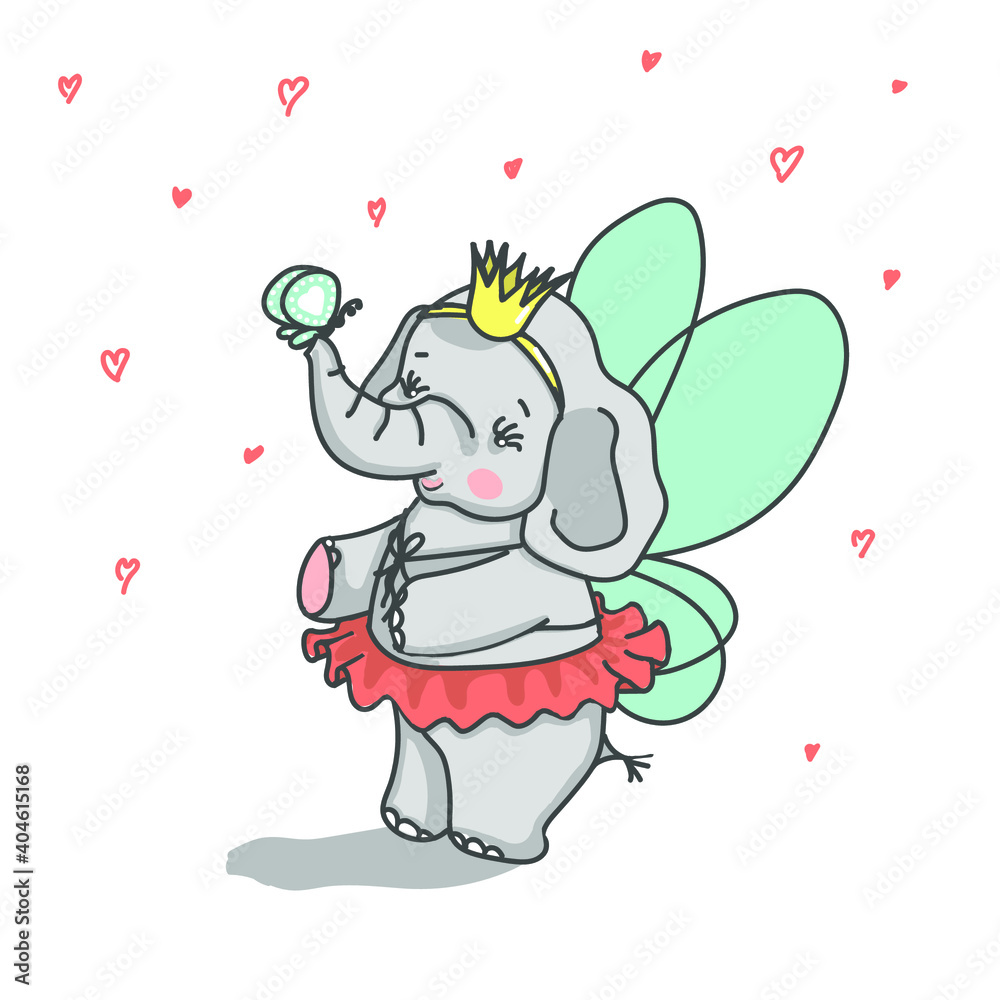 Cute baby elephant with with fairy wings and butterfly, vector illustration. Cute baby elephant with with fairy wings and butterfly, vector illustration.