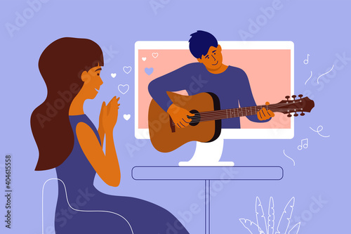 Fan girl looks in love at her idol on computer screen. Man playing guitar. Boyfriend performs melody on musical instrument online for girlfriend. Young woman and virtual valentine. Vector illustration