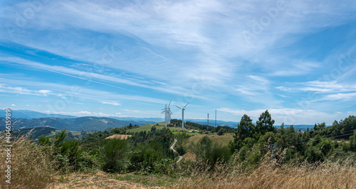 View of wind turbines in the countryside in Northern Spain