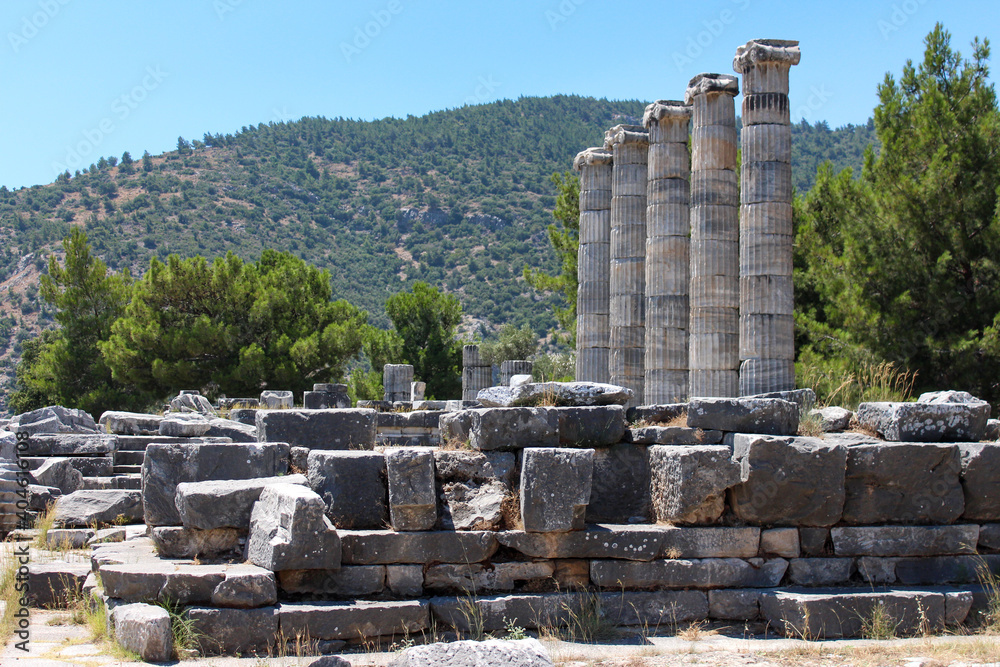Priene ancient city. Stones and Doric columns