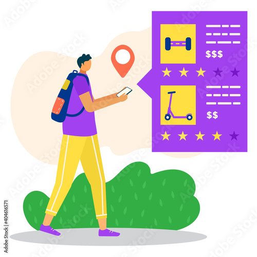 Outdoor walking sport training, male character stroll with mobile phone, rent app for scooter cartoon vector illustration, isolated on white. Rating mobile application, gps system geolocation tag.