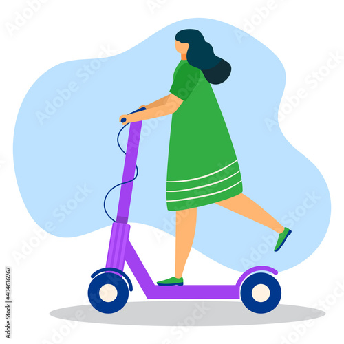 Woman character ride electric scooter, urban transport vehicle, city stroll flat vector illustration, isolated on white. Concept movement skateboard female, walking active sport person.