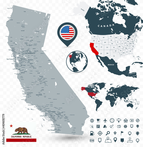 California Map and World Map isolated on transparent background