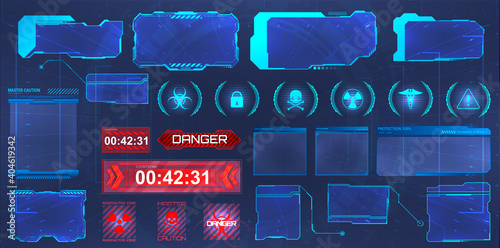 HUD screens, frames collection. Futuristic hi-tech elements interface. Screens for GUI, UI, APP, games. Info panels, callouts titles and holograms frames screen. Digital info boxes template. Vector
