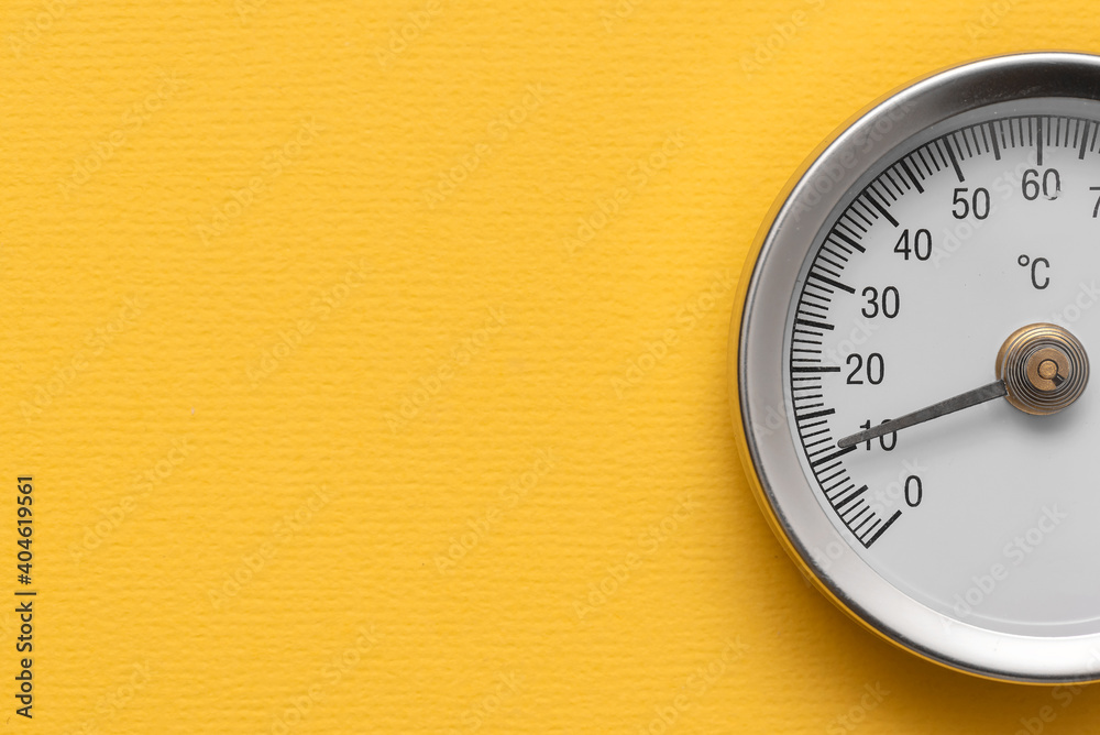 Water temperature meter on the yellow abstract background. - obrazy, fototapety, plakaty 