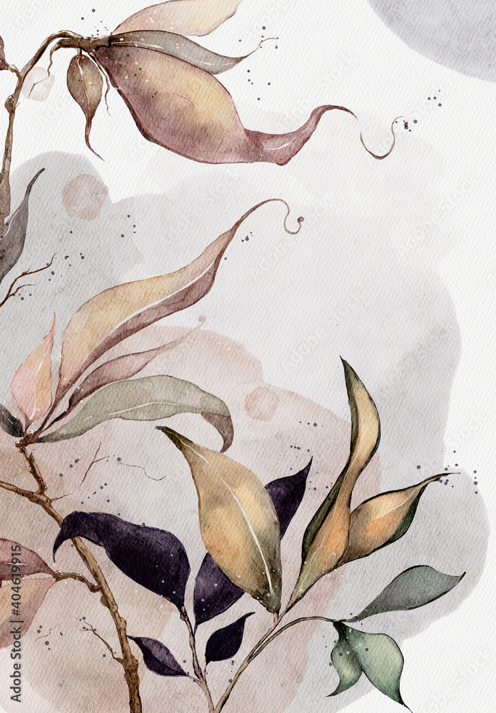 drawing of a branch with leaves and watercolor splashes on a white background - obrazy, fototapety, plakaty 