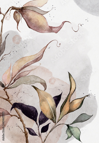 Fototapeta Naklejka Na Ścianę i Meble -  drawing of a branch with leaves and watercolor splashes on a white background