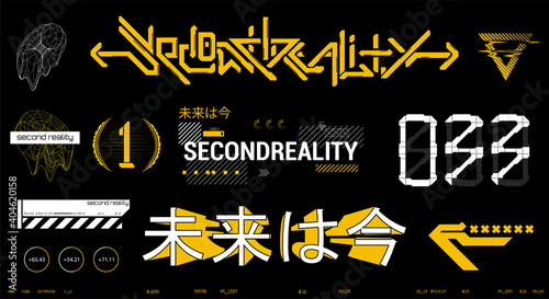 Trendy prints for t shirt, merch and other. Digital elements silkscreen clothing in cyberpunk style with glitch shapes. T-shirt print. 3d hieroglyphs and inscriptions in Japanese translation - future