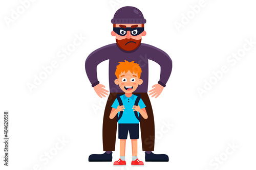 a man in a mask kidnaps a little boy. flat vector character illustration.