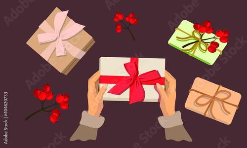 hands are packing gifts. gifts, surprises, decor, vector illustration 
