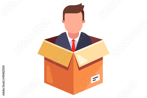 the dismissed man lives in a cardboard box on a white background. flat vector character illustration.