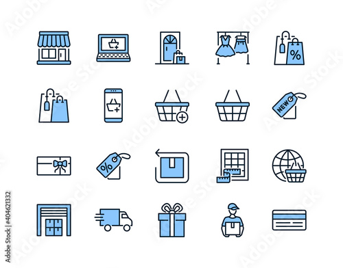 Online store flat line icon set blue color. Vector illustration included symbols. online shopping, contactless delivery, try clothes, size table, label and purchase returns. Editable strokes.