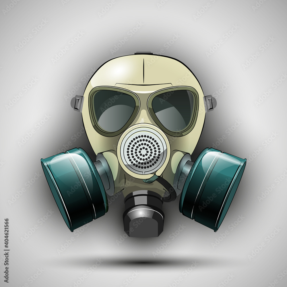 Gas mask respirator skull breather on round background. Protective