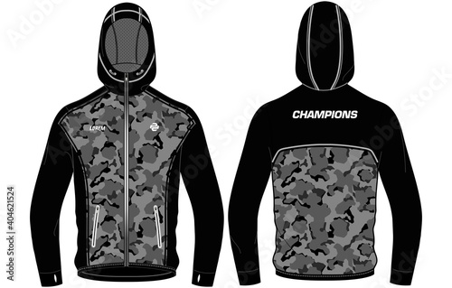 Camouflage Long sleeve Bomber Hoodie jacket design template in vector, Hooded jacket with front and back view, hoodie winter jacket for Men and women. for training, Running and workout in winter.