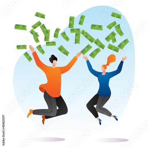 Rich woman, man together throw money around and jumping, wealthy person splash out cartoon vector illustration, isolated on white. Concept cash dollar money, cheerful couple monetary success.