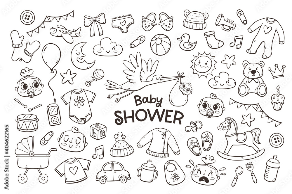 Big set of cute doodle baby and newborn elements. Hand-drawn objects isolated on white background. Baby clothes, toys and care accessories.