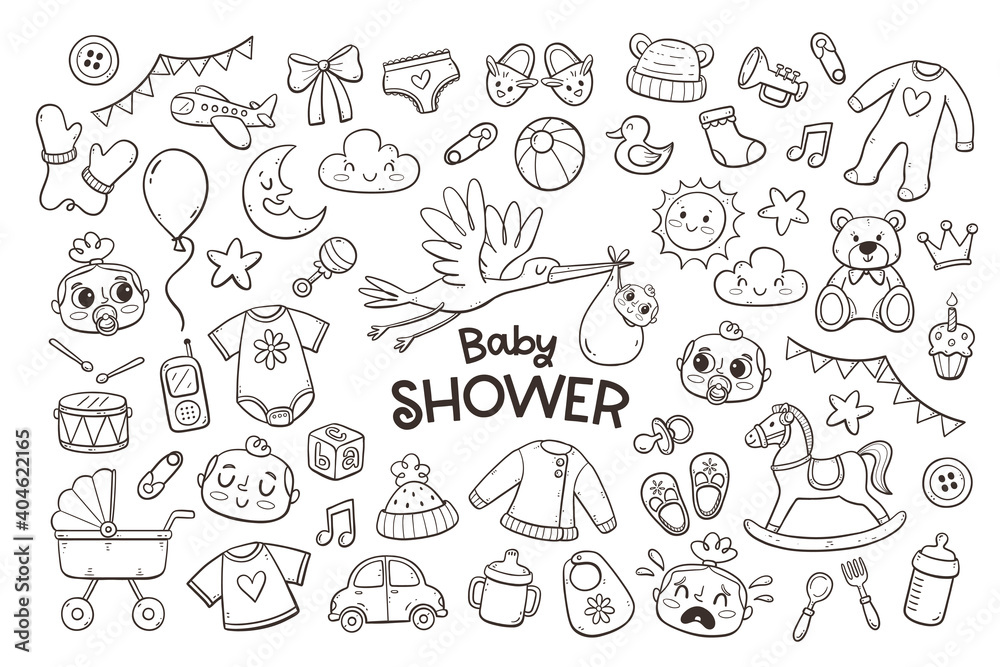 Big set of cute doodle baby and newborn elements. Hand-drawn objects isolated on white background. Baby clothes, toys and care accessories. Big set of cute doodle baby and newborn elements. Hand-drawn objects isolated on white background. Baby clothes, toys and care accessories.