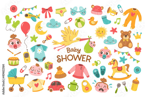 Big set of cute hand drawn baby and newborn elements. Cartoon objects isolated on white background. Colorful baby clothes, toys and care accessories.