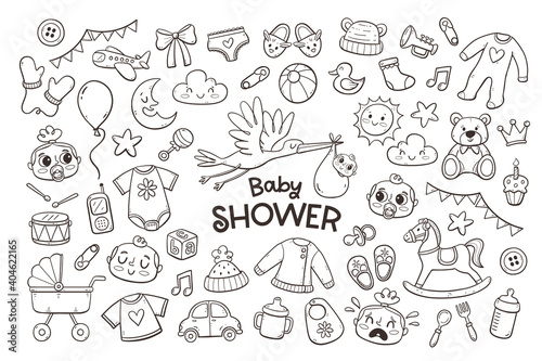 Big set of cute doodle baby and newborn elements. Hand-drawn objects isolated on white background. Baby clothes  toys and care accessories.