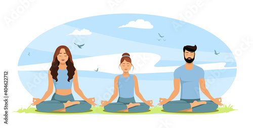 A family meditating together in nature. Parents and child doing yoga exercises in the fresh air. A family spending time together. Healthy lifestyle. Vector illustration on white background.