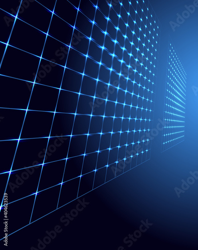 Abstract solar batteries tech geometric background with neon blue lights.