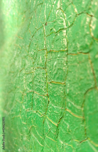 Selective focus old green cracked paint. The texture of the old bright green paint with cracks. Dried in the sun and cracked color on the wall of country house. Peeling coating.