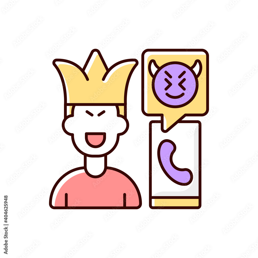 Phone pranking RGB color icon. Telephone phony, hoax , crank call. Joke and trick for fun. Offensive comments. Bullying and harassment from teenager. Fake call. Isolated vector illustration Phone pranking RGB color icon. Telephone phony, hoax , crank call. Joke and trick for fun. Offensive comments. Bullying and harassment from teenager. Fake call. Isolated vector illustration