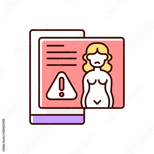 Revenge porn RGB color icon. Distribution of sexualy explicit content. Publish naked photos of woman without consent. Blackmail and cyberbullying. Internet stalking. Isolated vector illustration
