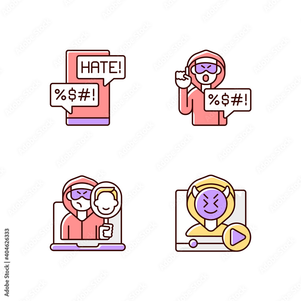 Online bullying RGB color icons set. Messenger cyberbullying. Hate speech. Video shaming. Online impersonation. Offensive comments. Cyberspace harassment. Isolated vector illustrations